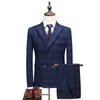 Men's Suit Set Business Formal Wedding Dress Groom BlueTuxedo Slim Fit Double Breasted Grid Male Suit Set MenJacket Pents Ve306c