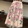 2020 Summer Elegant Pink 2 Piece Set Women Sweet Bowknot Irregular Crop Top Cotton T-Shirt + Mesh Floral Tulle Long Skirts Suits T200702