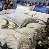 Champagne Blue White Luxury Royal Embroidery 100s Egyptisch katoen Palace Beddengoed Set Dekbedovertrek Laken / Linnen Kussenslopen T200706