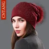 CNTANG Mode Herbst Mützen Strass Hut Für Frauen Weibliche Skullies Natürliche Waschbären Bommel Pelz Hüte Winter Warme Baumwolle Caps1