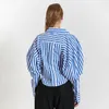 TWOTWINSTYLE KOREAN Stiped Women 's Shirt Lapel Collar 퍼프 슬리브 느슨한 비대칭 캐주얼 블라우스 여성 패션 201028