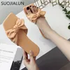 SUOJIALUN Women Bohemian Bow Flat Slippers Summer Outdoor Non-slip Beach Shoes Flip Flops Slip On Slippers Slides Zapatos Mujer X1020