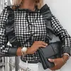 Simplee Casual spring autumn houndstooth leather blouse button Office lady ruffled shirt slim Long sleeve stand collar top women1