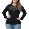 Oymak Rhinestone Tees Kadınlar Uzun Kollu Örgü T-Shirt Bahar Sonbahar Slim Fit Bayan Siyah Gömlek Tops Siyah Gömlek Camiseta Mujer D301