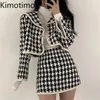 Kimotimo Kobiety Plaid Tweed Płaszcz Koreański Ins Vintage Sailor Collar Z Długim Rękawem Crop Top Jesień Winter Temperament All-Match Kurtka 220302