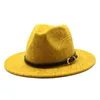 겨울 모자 양모 따뜻한 럭셔리 와이드 브림 페도라 여성 모자 벨트 밴드 캐주얼 야외 공식 드레스 남성 노란색 보라색 양모 모자 새로운