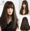 Long straight natural hair with bangs brown shades stripes cosplay wig women