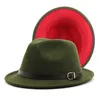 2022 Nowy krótki brzeg czarny czerwony patchwork jazzowy fedora kapelusz z klamrą z paskiem kobiety wełna poczuła panama homburg hat na imprezę ślubu7491481