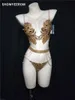 Scenkläder Glänsande Rhinestone Bikini Outfit Kvinnor Sexiga Festdräkter BH Kort Silver Bikinis Bling Dance Nattklubb Dancewear317M