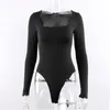 Sexy Bodycon Bodysuit Long Sleeve Square Neck Sheath Crotch Basic Black Overalls Women Body streetwear Top LTY191729798