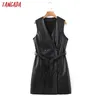 Tangada Women Black Faux Leather Long Vest Coat with Slash Office Ladies Waistcoat Sleeveless Blazer Double Breasted Top 8H13 211220