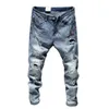 Pantalones vaqueros para hombre Agujeros Deshilachados Hiphop Rasgados Azul claro Flaco Estiramiento Pierna delgada Ropa de calle Pantalones vaqueros de motociclista desgastados Pantalones de mezclilla masculinos