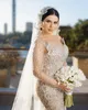 Dubai Luxe Zeemeermin Trouwjurk 3D Kant Applicaties Illusie Off Schouder Lange Mouwen Bruidsjurken De Soiree Turkse Couture Kralen Custom Made