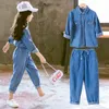 Jeans Kids Kids Set Casual Crianças Casuais Dois Peça Terno Sólido Blue Jeans Tops + Calças Adolescentes Set Spring Outono Tracksuit LJ200916