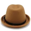 Fashen Men's Feel Fedora Hat for Gentleman Winter Autumn Church Roll Up Brim Homburg Dad Jazz Hat with Fashion Belt Y200714