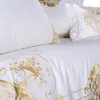 Queen Super King size Bedding set White Egyptian Cotton Gold Embroidery Duvet cover Bed sheet Fitted sheet parrure de lit ropa T200706