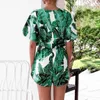 2019 Summer Jumpsuit Jupe Femmes Combishort Deep V-cou Jumpsuit Court Dames Imprimer À Manches Courtes Feuilles Combinaisons Courtes Pour Les Femmes T200704