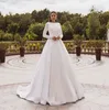 Élégant Satin robes de mariée à manches longues dentelle Appliques robe de mariée musulman robe de mariée couvert dos Vestido de novia 2021