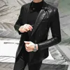 Fashion-New Faux Leather Mens Blazer Luxury Double Breasted Pu Male Blazer Fashion Brodery Single Breasted Slim Fit Man