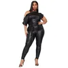 Women's Jumpsuits & Rompers Sexy Women Off Shoulder Pu Leather Short Sleeve Belted Bodycon Slim Long Skinny Jumpsuts Evening Party Clubwear