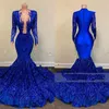 2022 African Royal Blue Glittrande paljetter Spets Bling Balklänningar Långärmade Paljetter Mermaid Plus Size Festklänning Festklänning Formell aftonklänning Djup V-ringad