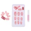 24Pcs Pink Glitter Line Long Fake Nails Full Cover Nail Art False Glue Finger Press On Manicure Decoration With Glue1301S