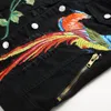 New Men Black Sets Fashion Spring Embroidered Phoenix Flower Hole Distressed Suit Denim Vests Pants Mens Clothing 2 Pieces Sets L223G