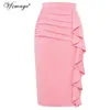 VFEMage Women Eleganckie Ruffles High Waist Koronki Solidne Zipper Slit Slim Work Office Business Party Bodycon Ołówek Spódnica 1007 201110