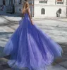 Lavendel Sparkling Tulle Prom Dresses Spaghettibandjes Geappliceerd A-lijn Avondfeest Jurken Open Back Formele Vestidos Longo Robe D283L