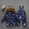 Parka real pele capuz menino macacão bebê menina inverno para baixo jaqueta morno crianças casaco crianças snowsuit neve roupas meninas conjunto de roupas