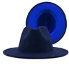 Mode double face bleu avec Hot Pink Bottom Woollen Hat Hommes Femmes Panama Jazz large Brim Fedora Chapeaux avec bande Patchwok Chapeau en feutre