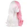 Anime danganronpa monomi kvinnor lång lockig peruk cosplay kostym dangan ronpa vit rosa mix syntetiskt hår halloween fest wigs827581249753