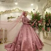 먼지 분홍색 이슬람 무슬림 아라비아 웨딩 드레스 긴 소매 하이 넥 볼 가운 두바이 카프탄 아랍어 신부 가운 새틴 V49