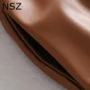 NSZ Women Brown Faux Pure Pu Leather Long Jacket With Belt Fall Fashion Artificial Fur Coat Elegant Female Outwear Tops 20103030