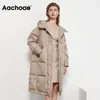 Aachoae hiver femmes manteaux couleur unie mode longue doudoune avec fermeture éclair à manches longues bouton épais chaud à capuche manteau 201023