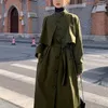 Armé Green Trench Coat Kvinnor Höst Vinterrock Singelbröst Buton Flaps med Belt Lady Duster Coat Cloak 201102