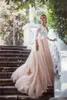 2021 Blush Pink A Line Suknie Ślubne Długie Rękawy Koronki 3/4 Długie Rękawy Przegrzebki V Neck Sweep Pociąg Tulle Wedding Gown Vestidos