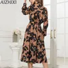 Aizhixiヴィンテージモックネック女性のドレス秋の長袖サッシスリムなAラインプリントドレスMidi Party DressesプラスサイズLJ200818