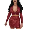 Adogirl Fashion Sequins Women Two Piece Dresses Set Zipper Up Sexy V Neck Long Sleeve Crop Top Bandage Mini Club Party Dress Y0118