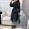 Ly Varey Lin Spring Women Women Faux Soft Leather Justiets Black Long Mesh Gaauze Gauzer Purowing Pu Leatherwear مع حزام 201030