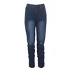 WJustForu carta bordado plissado jeans para mulheres magro casual rasgado denim calça feminina azul elegante buraco jeans vestidos 201029