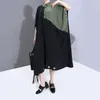 New Women Summer Black Patchwork Long Shirt Dress Plus Size Lapel Metal Ring Holes Lady Unique Casual Dress Robe Femme 6163 T200521