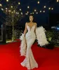 2020 Arabische Luxe Mermaid Avondjurken met Bont Wrap Lovertjes Prom-jurken Sweetheart Deep V-hals Speciale gelegenheid Jurk