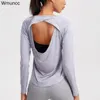 Wmuncc Sexy Yoga Top Gym Donna Manica lunga Camicie aperte sul retro Top sportivi ad asciugatura rapida Abbigliamento sportivo Magliette per esercizi Abbigliamento fitness19048506