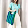 stripe Knitted Fabric Women Shoulder Bag Colour Blocking Design Pleated Bags Woolen Cloth Handbag Foldable Strapped Tote Ladies Y220304