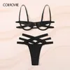 Colrovie Black Ladder Cut-out Underwire Lingerie Set Mulheres Intimates 2019 Solid Soury Sets Sutiã e Tangas Senhoras Underwear Set LJ201211