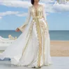 Biały Szyfonowy Luksusowe Formalne Suknie Wieczorowe Złote Koronkowe Aplikacje Marokańskie Kaftan Dubaj Matka Sukienka Arabskie Muzułmańskie Specjalne okazje Suknie