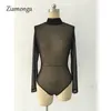 Nude transparente sexy bodysuit mulheres macacão bodycon macacão manga comprida malha bodysuit Veja através de bodysuits de tartleneck t200527