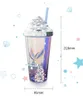 Electroplated Glitter Water Cup Creative Straw Mermaid Plastic Cup Double-Layer Reusable Tumbler Mug with Mermaid Patterns 420ml