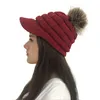 Crochet Baseball Cap Ski hat Women Winter Warm Knit Hat Pom Pom Fur Snow Ski Caps With Visor Beanie Drop316V